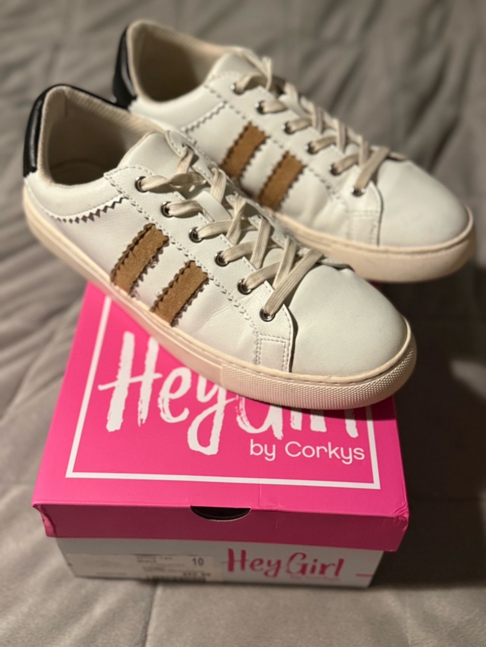 Hey Girl by Corkys White Sneakers with Tan Stripes